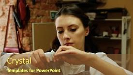  Presentation with leather bag - Presentation theme with young-cute-woman-makes-details background and a tawny brown colored foreground