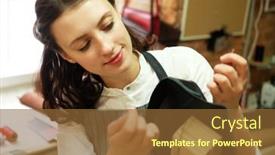  Presentation with leather bag - Presentation theme enhanced with young-cute-woman-makes-details background and a tawny brown colored foreground