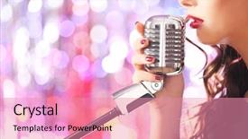  Presentation with glitter - Presentation theme consisting of young cute woman with retro microphone against bright glitter background background and a coral colored foreground
