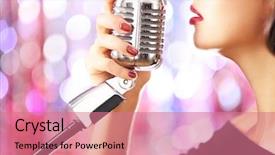  Presentation with glitter - Audience pleasing PPT theme consisting of young cute woman with retro microphone against bright glitter background backdrop and a coral colored foreground