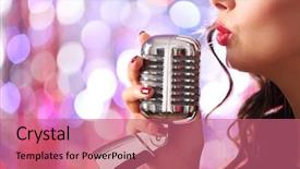  Presentation with glitter - PPT layouts with young cute woman with retro microphone against bright glitter background background and a coral colored foreground