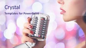  Presentation with glitter - Cool new slides with young cute woman with retro microphone against bright glitter background backdrop and a sky blue colored foreground