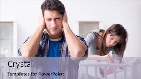 Presentation with crying baby - Beautiful slides featuring young dad cannot stand baby backdrop and a  colored foreground