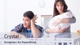  Presentation with crying baby - PPT theme featuring young dad cannot stand baby background and a  colored foreground