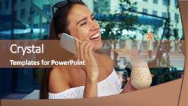  Presentation with dark building - PPT theme with young dark-haired female with cocktail in her hand is cheerfully speaking on the phone on open terrace near building with mirror windows background and a coral colored foreground
