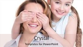  Presentation with mom daughter - Slide deck featuring young daughter closes hands eyes mom - isolated happy family people concept background and a coral colored foreground