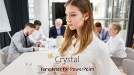  Presentation with team meeting - Presentation theme consisting of young-daydreaming-businesswoman-drinking background and a soft green colored foreground