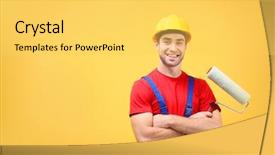  Presentation with teal and yellow music wallpaper - Audience pleasing PPT theme consisting of young decorator on yellow background backdrop and a yellow colored foreground