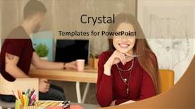  Presentation with desk - Cool new slides with young-decorator-sitting-at-desk backdrop and a  colored foreground