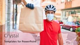  Presentation with paper bag - Beautiful slide deck featuring young-delivery-man-wearing-bike backdrop and a red colored foreground