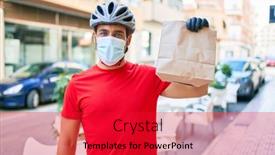 Presentation with paper bag - PPT theme having young-delivery-man-wearing-bike background and a red colored foreground