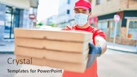  Presentation with deliver - Beautiful theme featuring young-delivery-man-wearing-uniform backdrop and a coral colored foreground