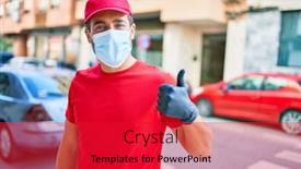  Presentation with coronavirus - Colorful PPT layouts enhanced with young-delivery-man-wearing-uniform backdrop and a red colored foreground