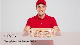  Presentation with pizza delivery - Theme having young delivery man with pizza background and a lemonade colored foreground