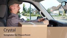  Presentation with car service - Theme enhanced with young delivery man in the car parcel service background and a coral colored foreground