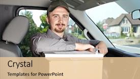  Presentation with car service - Beautiful slides featuring young delivery man in the car parcel service backdrop and a lemonade colored foreground