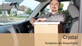  Presentation with car service - Slide deck enhanced with young delivery man in the car parcel service background and a coral colored foreground