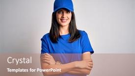  Presentation with blue eyes - Amazing presentation design having young-delivery-woman-with-blue backdrop and a coral colored foreground