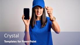  Presentation with blue eyes - Slides featuring young-delivery-woman-with-blue background and a ocean colored foreground