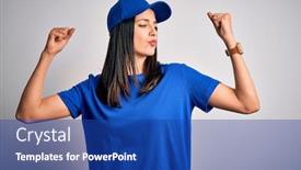  Presentation with blue eyes - PPT layouts enhanced with young-delivery-woman-with-blue background and a royal blue colored foreground