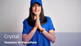  Presentation with blue eyes - Audience pleasing slides consisting of young-delivery-woman-with-blue backdrop and a ocean colored foreground