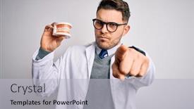  Presentation with dental prosthesis - Cool new PPT theme with young-dentist-man-with-blue backdrop and a light gray colored foreground
