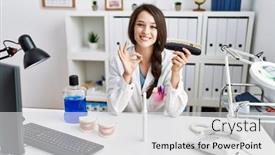  Presentation with teeth whitening - PPT theme having young-dentist-woman-comparing-teeth background and a  colored foreground