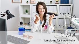  Presentation with teeth whitening - Slides enhanced with young-dentist-woman-comparing-teeth background and a light gray colored foreground