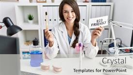  Presentation with eco friendly - Slides having young-dentist-woman-holding-eco background and a  colored foreground