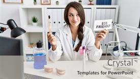  Presentation with eco friendly - Slide deck having young-dentist-woman-holding-eco background and a soft green colored foreground