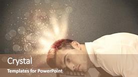  Presentation with thoughts - Slide deck with young depressed business person laying his head on computer keyboard with thoughts exploding from his head illustrated by light beams concept background and a coral colored foreground