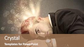  Presentation with thoughts - Audience pleasing PPT layouts consisting of young depressed business person laying his head on computer keyboard with thoughts exploding from his head illustrated by light beams concept backdrop and a coral colored foreground
