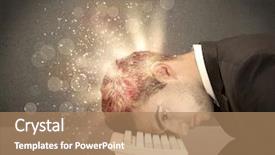  Presentation with thoughts - PPT layouts having young depressed business person laying his head on computer keyboard with thoughts exploding from his head illustrated by light beams concept background and a coral colored foreground