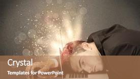 Presentation with thoughts - Theme consisting of young depressed business person laying his head on computer keyboard with thoughts exploding from his head illustrated by light beams concept background and a coral colored foreground