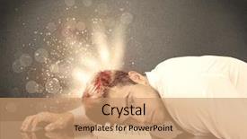  Presentation with thoughts - PPT theme featuring young depressed business person laying his head on computer keyboard with thoughts exploding from his head illustrated by light beams concept background and a coral colored foreground