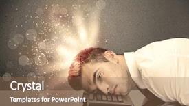  Presentation with thoughts - Slide deck consisting of young depressed business person laying his head on computer keyboard with thoughts exploding from his head illustrated by light beams concept background and a coral colored foreground