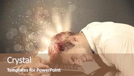  Presentation with thoughts - Presentation theme with young depressed business person laying his head on computer keyboard with thoughts exploding from his head illustrated by light beams concept background and a coral colored foreground