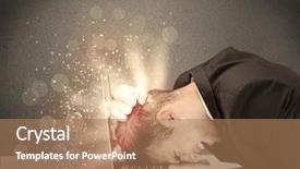  Presentation with thoughts - PPT theme having young depressed business person laying his head on computer keyboard with thoughts exploding from his head illustrated by light beams concept background and a coral colored foreground