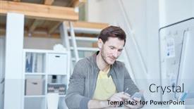  Presentation with information - PPT theme featuring young-designer-checking-information background and a light blue colored foreground