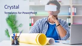  Presentation with virtual reality - Beautiful slide set featuring young designer with virtual reality backdrop and a sky blue colored foreground