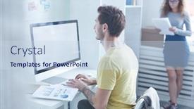  Presentation with front desk - Slide set featuring young designer working in front of computer monitor by desk with his colleague reading papers on background background and a sky blue colored foreground