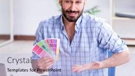  Presentation with young students working in groups - Cool new slides with young-designer-working backdrop and a light blue colored foreground