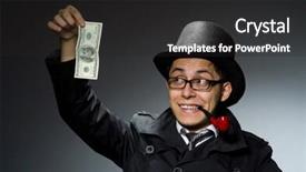  Presentation with detective - Slide deck enhanced with young detective in black coat with money against gray background and a dark gray colored foreground