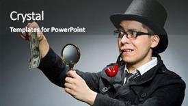  Presentation with detective - Audience pleasing slide set consisting of young detective in black coat with money against gray backdrop and a dark gray colored foreground