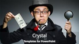  Presentation with detective - Presentation theme with young detective in black coat with money against gray background and a wine colored foreground