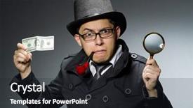  Presentation with detective - Slide set with young detective in black coat with money against gray background and a wine colored foreground