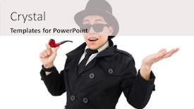  Presentation with detective - Slide set featuring young detective in black coat holding smoking pipe isolated on white background and a light gray colored foreground