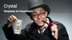  Presentation with detective - Amazing PPT layouts having young detective in black coat with money against gray backdrop and a dark gray colored foreground
