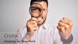  Presentation with detective magnifying glass - Theme enhanced with young-detective-man-looking-through background and a light gray colored foreground