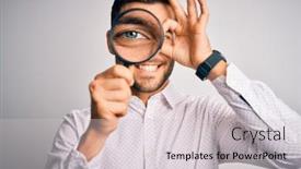  Presentation with detective magnifying glass - Theme enhanced with young-detective-man-looking-through background and a light gray colored foreground